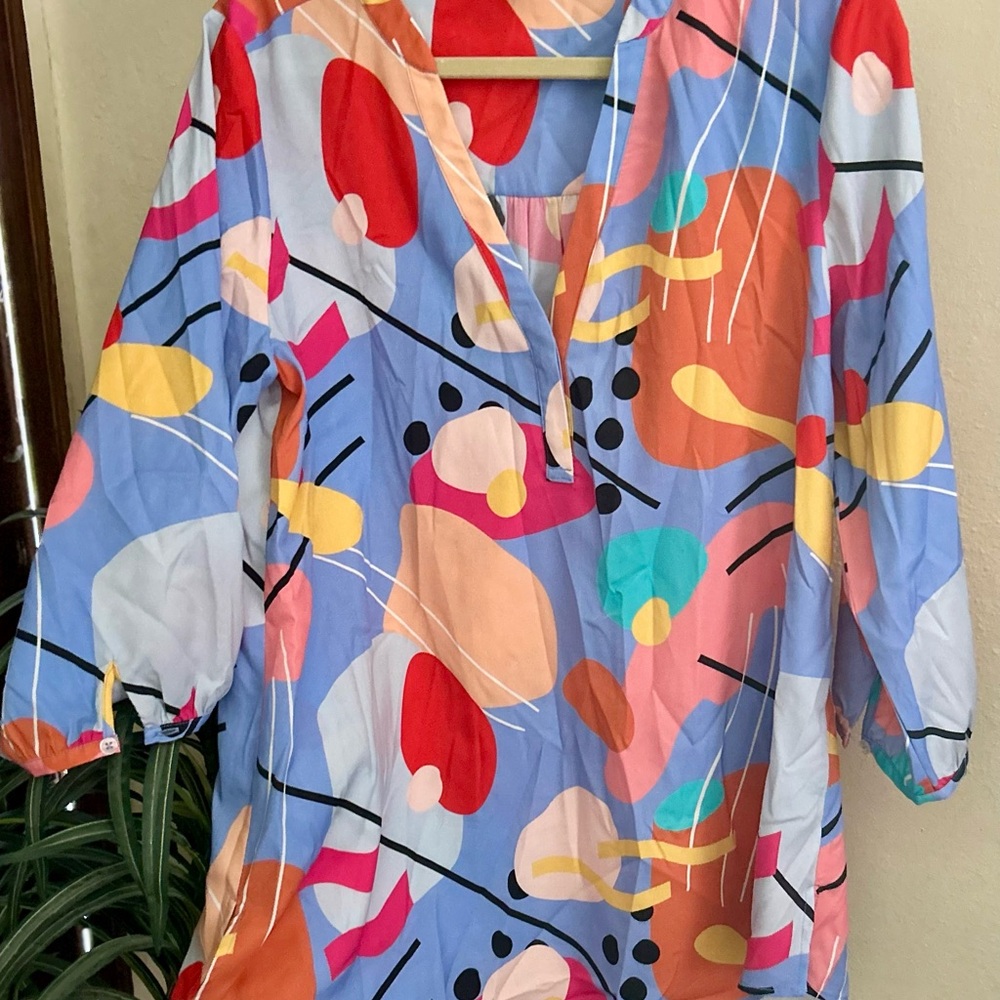 Crosby Pink and Blue Graphic Blouse with 3/4 Sleeves